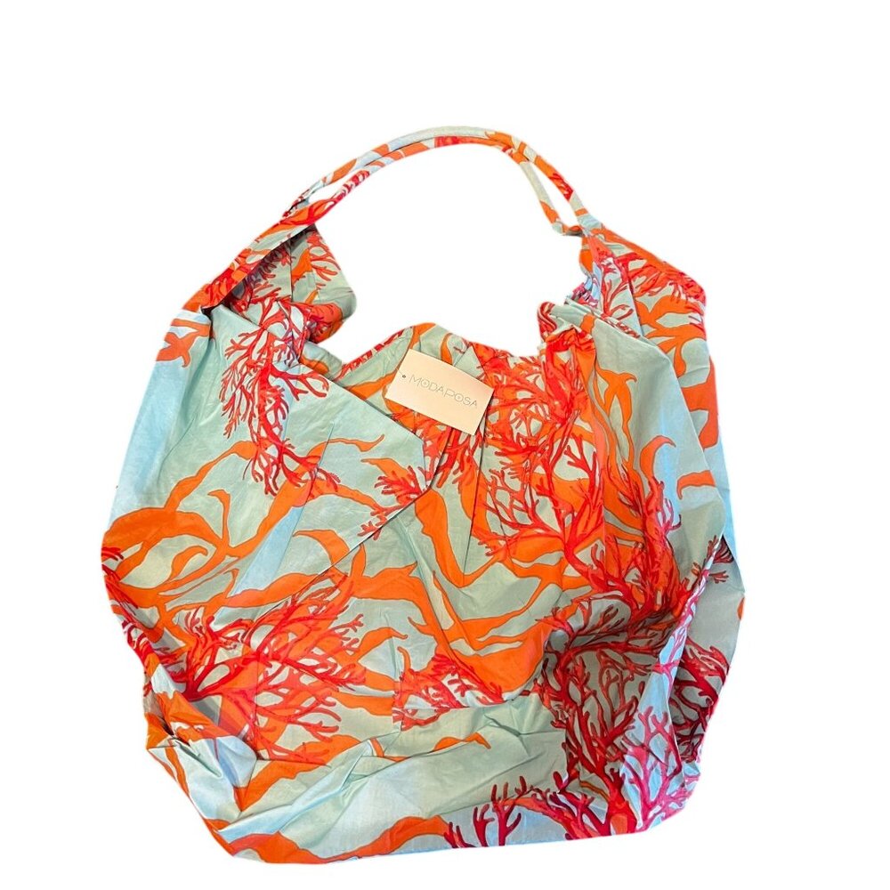Modaposa Coral & Aqua Hobo Beach Bag W/‎ Zip Closure